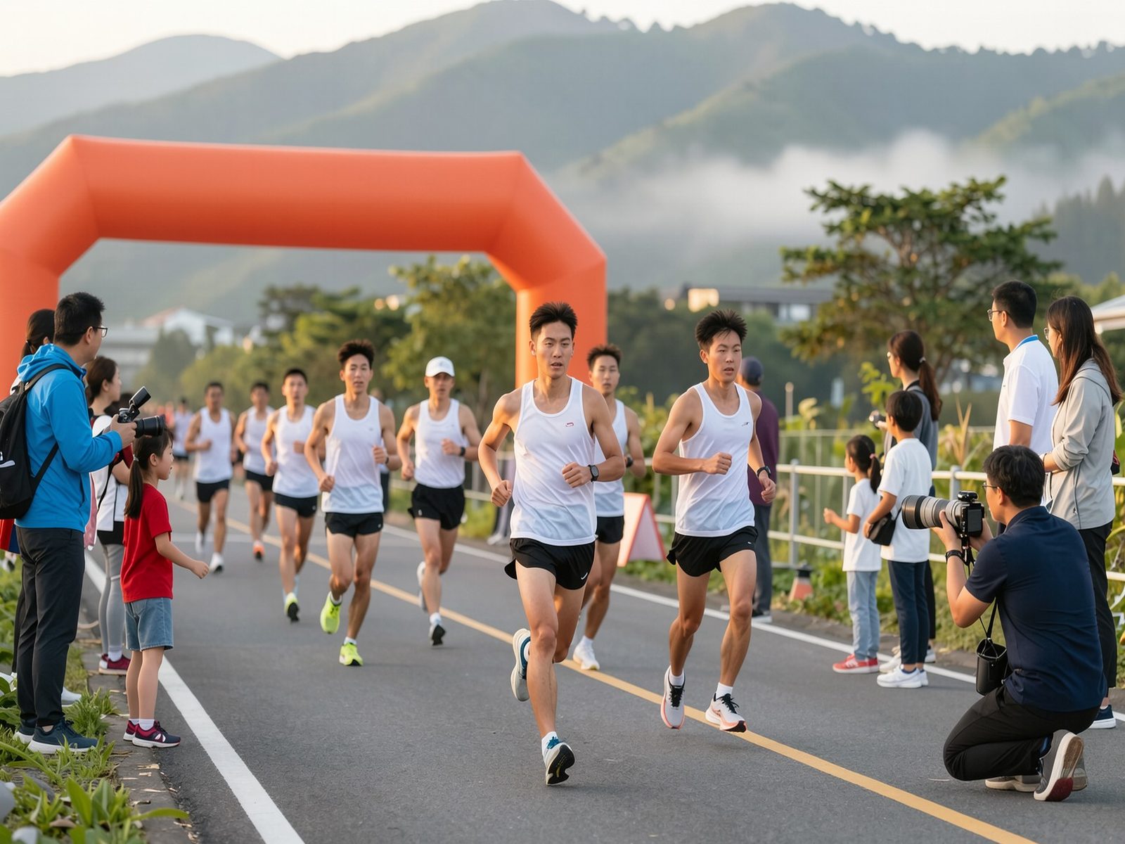 路跑終點拱門前選手衝線，家長在欄杆邊加油，攝影師在路邊拍攝
