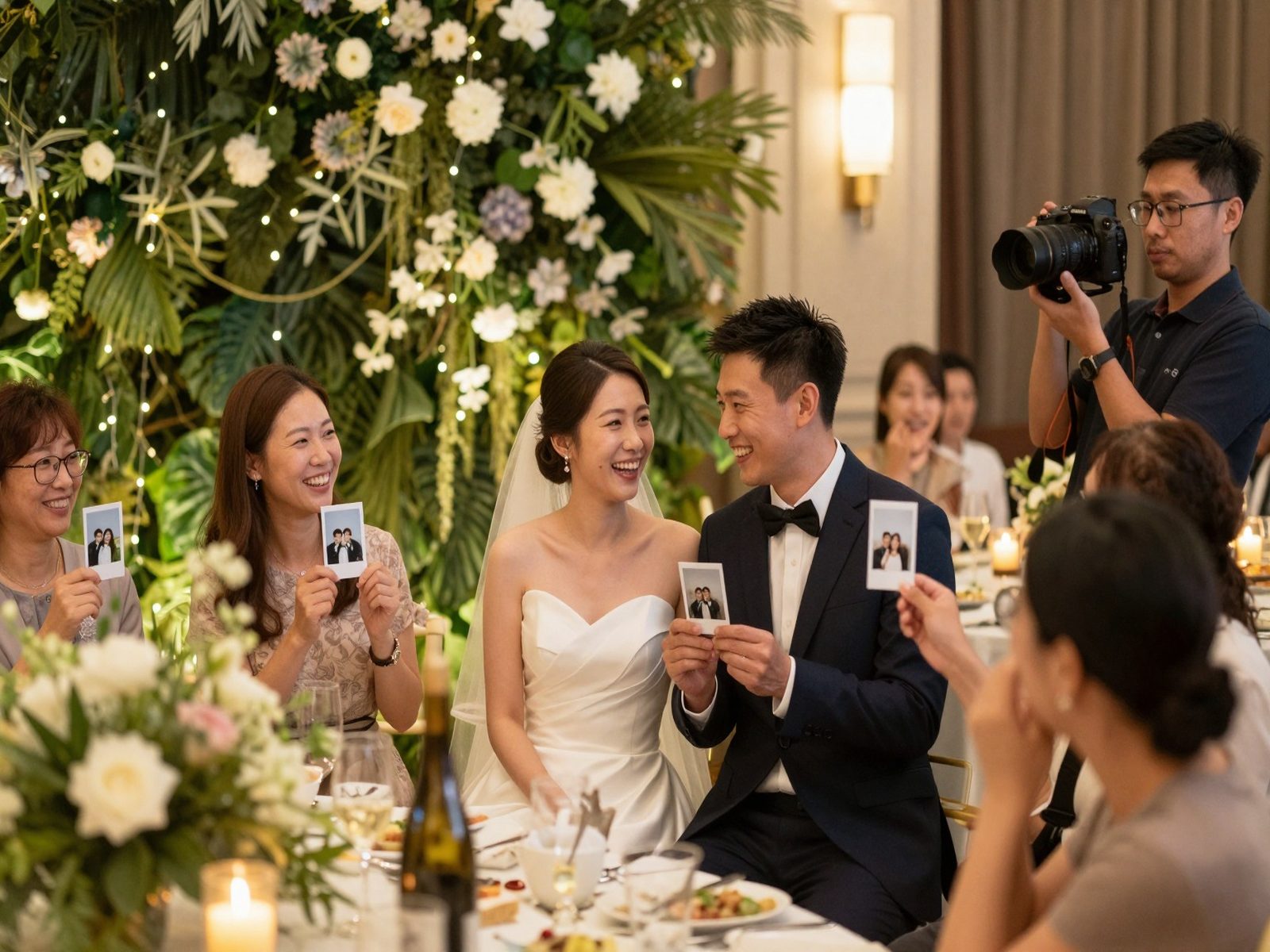 婚宴迎賓區，新人與賓客在花牆前合影，攝影師在旁拍攝
